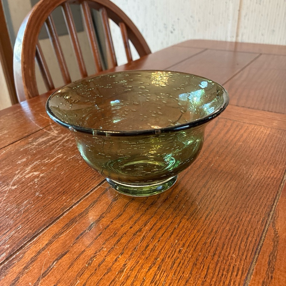 Handblown Green Glass Bowl Trapped Air Bubbles Artisan Crafted Glass 5.5”